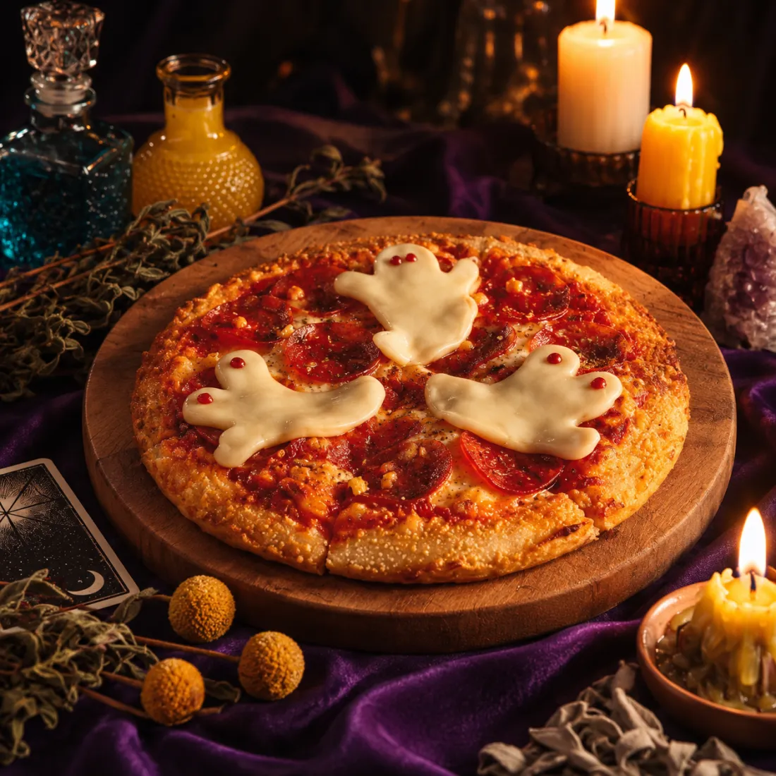 Pizza individual de pepperoni con fantasmas de queso mozzarella sobre tabla de madera.